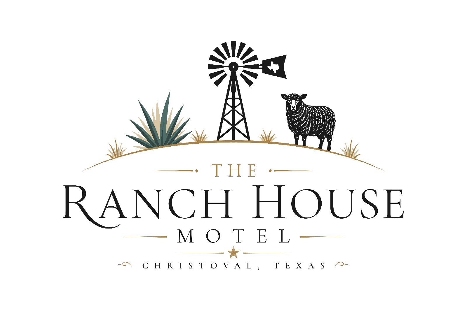 The Ranch House Motel — Christoval, Texas. A windmill, agave and sheep over the wordmark.